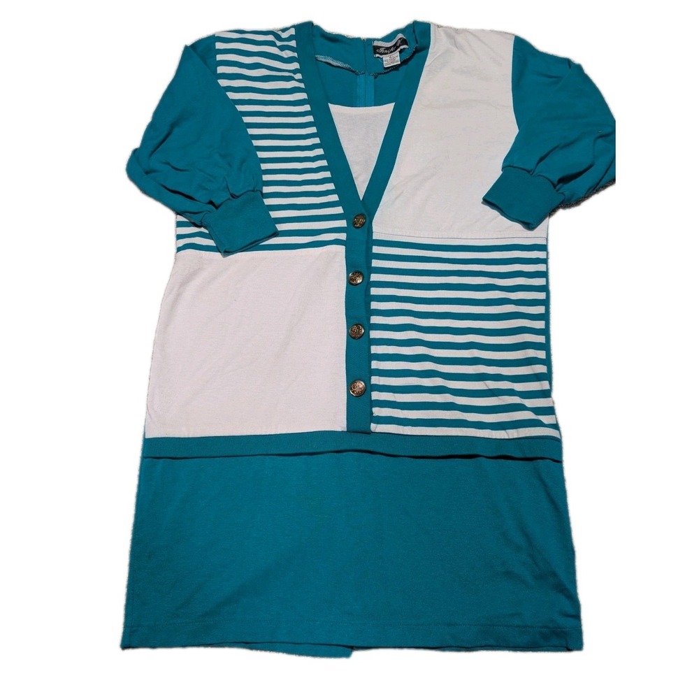 Jennifer W 80's Women's‎ Dress Teal Blue White Stripe Accents Gold